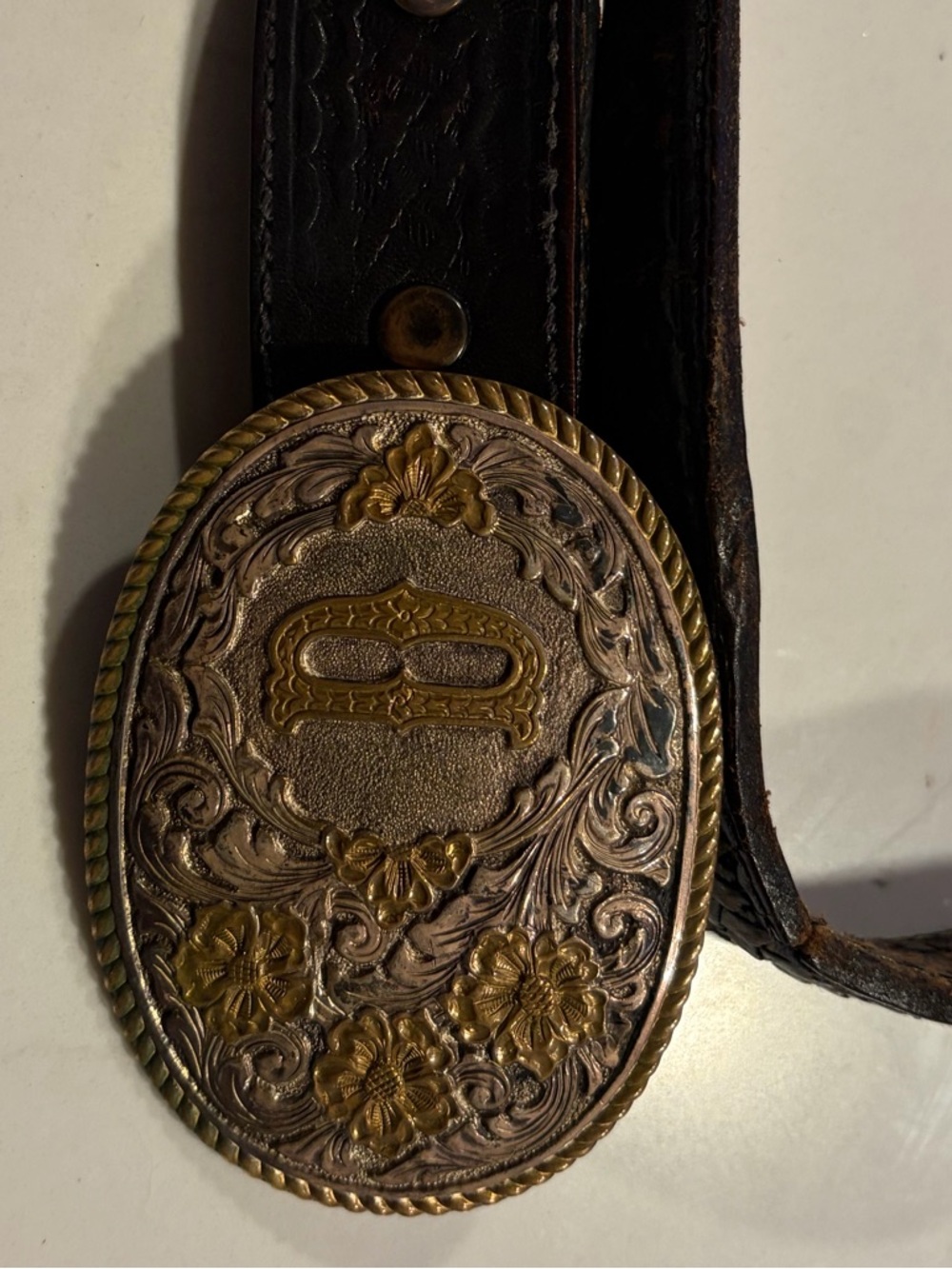 El Arturo Vintage Crumrine Ornate Heavy Silver Over Bronze Belt w/Buckle 4.25 In